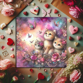 Whimsical Roze Paarse Waterverf Kittens Valentijn Feestdagenkaart