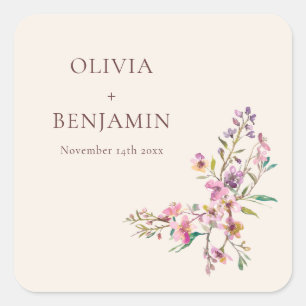 Whimsical Roze Paarse Wilde Bloem Boho Trouwnaam Vierkante Sticker