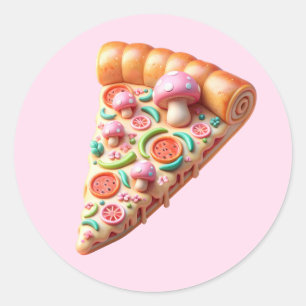 Whimsical Roze Paddestoel Pizza Party Ronde Sticker
