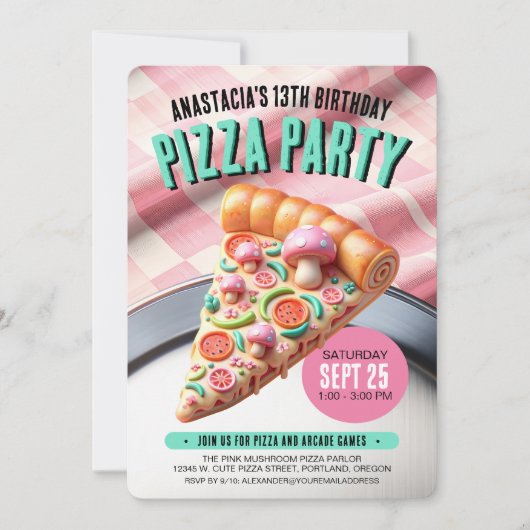 Whimsical Roze Paddestoel Pizza Party Verjaardag Kaart (Voorkant)
