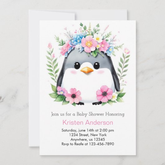Whimsical Roze Pinguïn Meisje Baby shower Kaart (Voorkant)