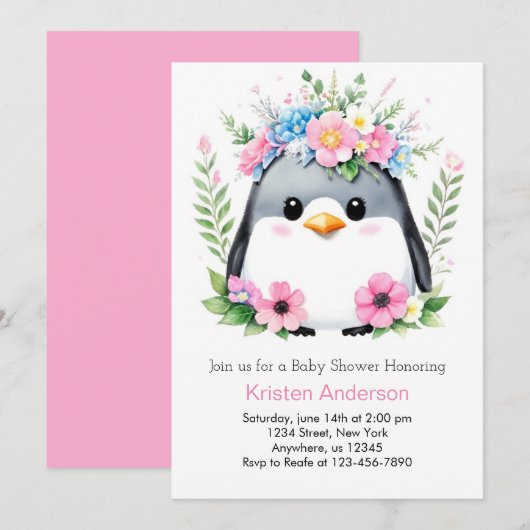 Whimsical Roze Pinguïn Meisje Baby shower Kaart (Voorkant / Achterkant)