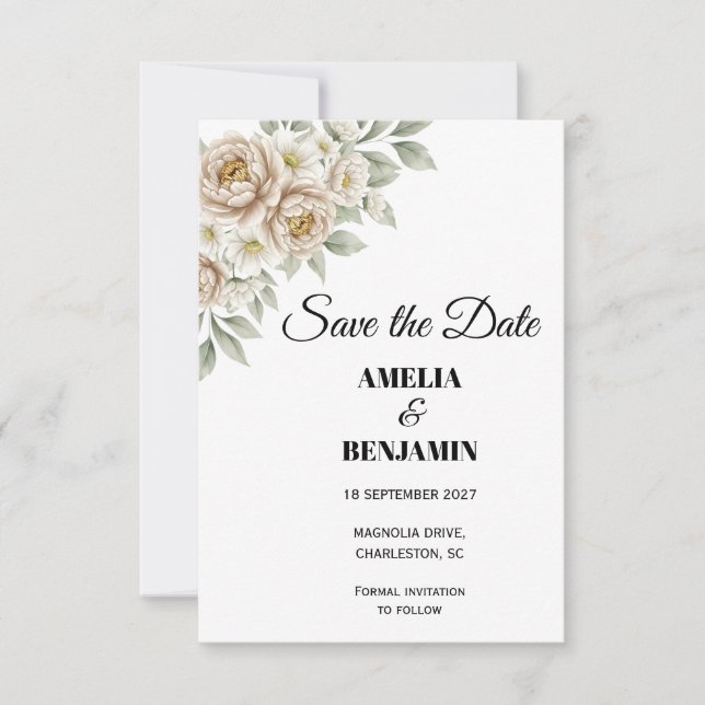 Whimsical Roze Pioen Bloemen Script Save the Date (Voorkant)