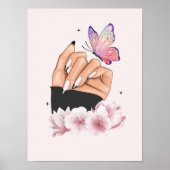 Whimsical Roze Poster: Vrouwenhand en Vlinder Poster (Voorkant)