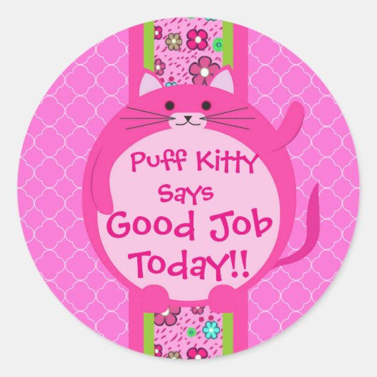 Whimsical Roze Puff Kat Sticker (Voorkant)