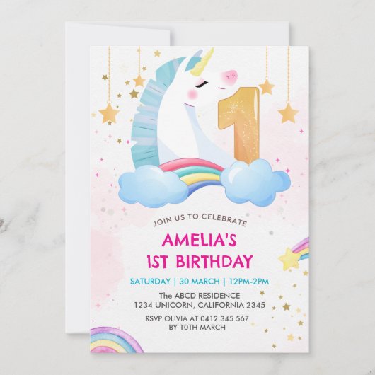 Whimsical roze Rainbow eenhoorn 1st Verjaardag fee Kaart (Voorkant)