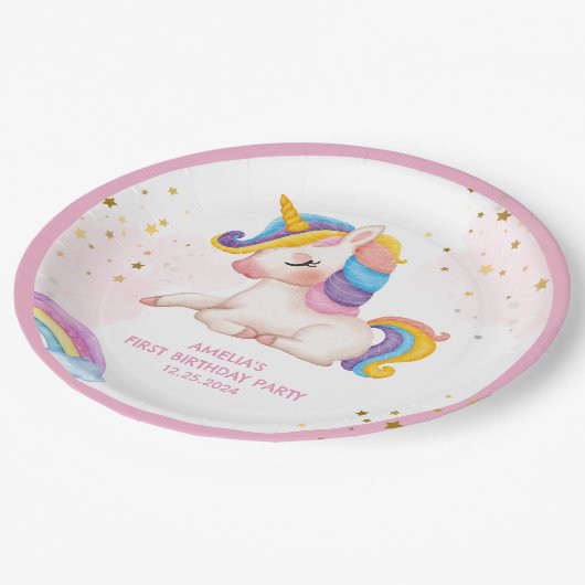 Whimsical roze Rainbow eenhoorn 1st Verjaardag fee Papieren Bordje (Gekanteld)