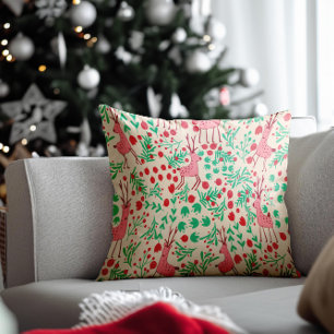 Whimsical Roze Rendier en Winterloofpatroon Kussen