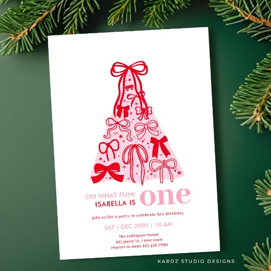 Whimsical Roze Rode Boog Boom Meisje 1e Verjaardag Kaart