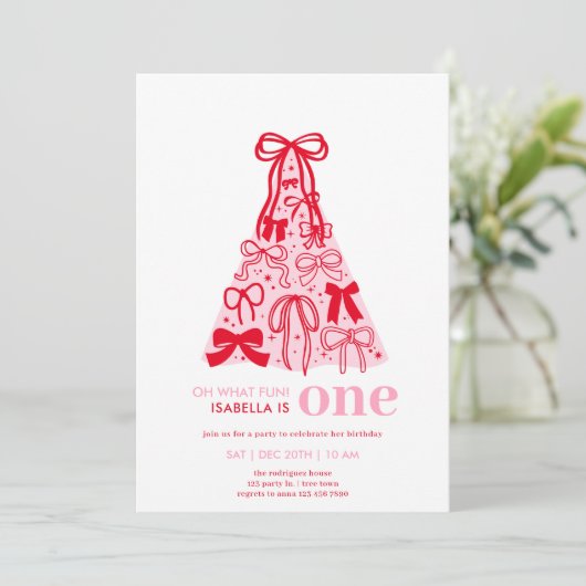 Whimsical Roze Rode Boog Boom Meisje 1e Verjaardag Kaart (Staand voorkant)