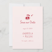 Whimsical Roze & Rode Hand Getrokken Kersen QR Cod Save The Date (Voorkant)