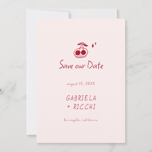 Whimsical Roze & Rode Hand Getrokken Kersen QR Cod Save The Date (Voorkant)