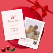 Whimsical Roze & Rode Hand Getrokken Kersen QR Cod Save The Date