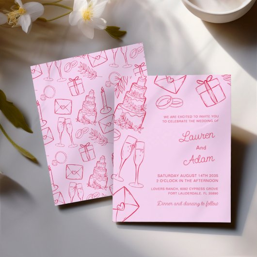 Whimsical roze & rood handgetekend BUDGET-huwelijk