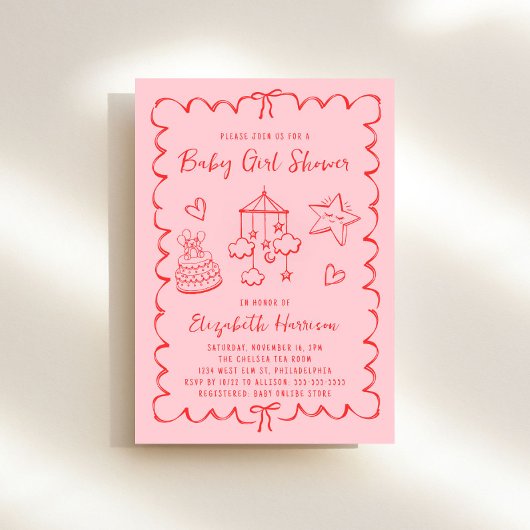 Whimsical Roze Rood Wavy Lijst Baby Meisje Douche Kaart