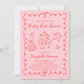 Whimsical Roze Rood Wavy Lijst Baby Meisje Douche Kaart (Voorkant)