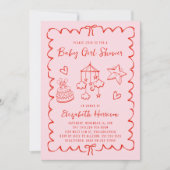 Whimsical Roze Rood Wavy Lijst Baby Meisje Douche Kaart (Voorkant)
