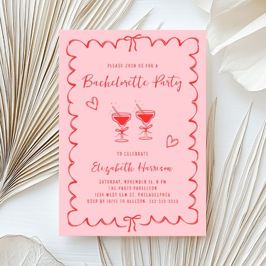 Whimsical Roze Rood Wavy Lijst Bachelorette Party Kaart