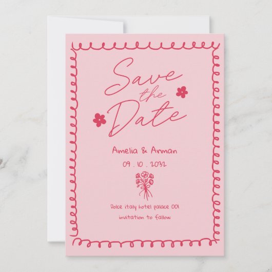 Whimsical Roze Roze Doodle Krabbel bewaar de datum Kaart (Voorkant)