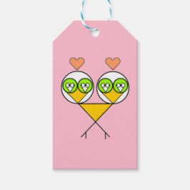 Whimsical roze schattige lovebirds met harten cadeaulabel