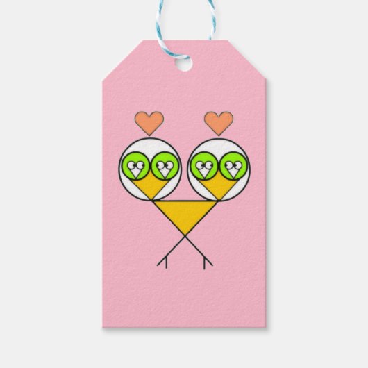 Whimsical roze schattige lovebirds met harten cadeaulabel (Voorkant)