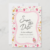 Whimsical Roze Sla de Datum Op Trouwontwerp Kaart (Voorkant)