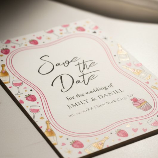 Whimsical Roze Sla de Datum Op Trouwontwerp Kaart