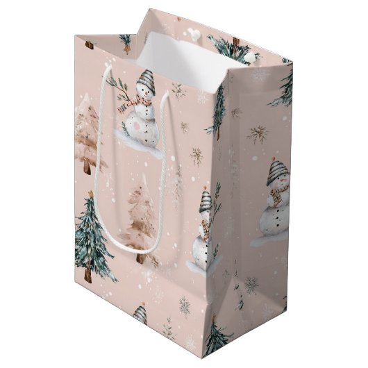 Whimsical Roze Sneeuwman Kerstmis - Winter (2) Medium Cadeauzakje (Voorkant Gekanteld)