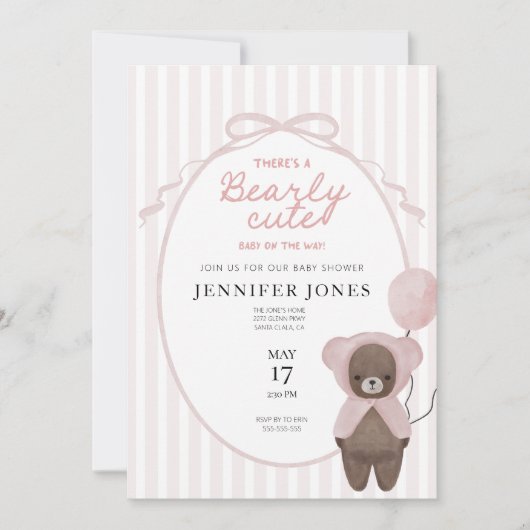 Whimsical roze teddybeer baby shower uitnodiging (Voorkant)