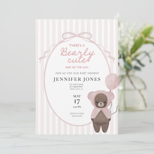 Whimsical roze teddybeer baby shower uitnodiging (Staand voorkant)
