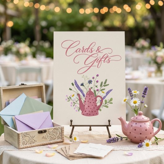 Whimsical Roze Theepot Wilde Bloem Kaarten en Cade Poster