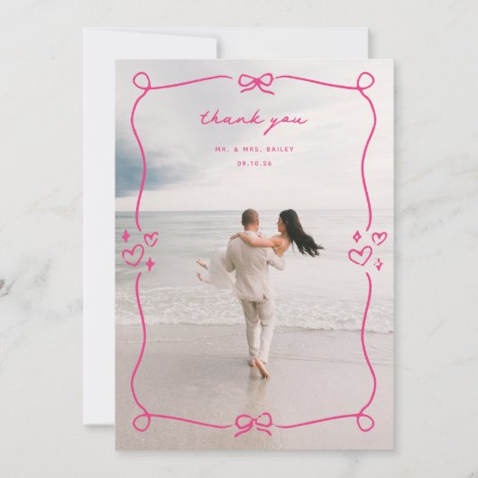 Whimsical roze trouwfoto bedankkaart (Voorkant)