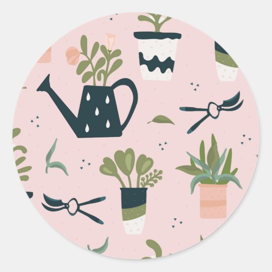 Whimsical roze tuinieren afgedrukt patroon ronde sticker (Voorkant)