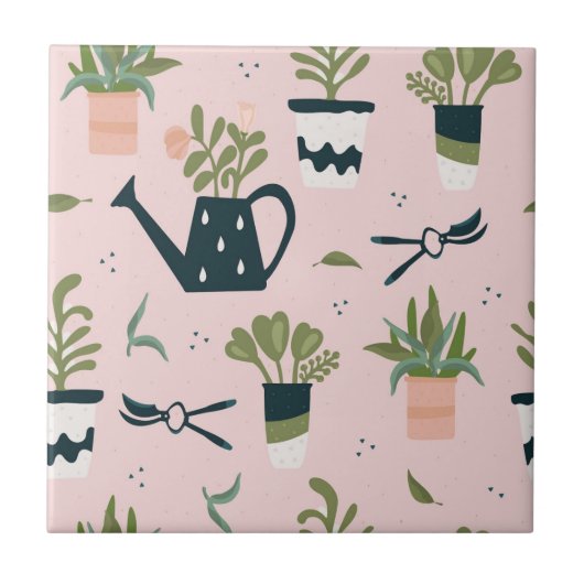 Whimsical roze tuinieren afgedrukt patroon tegeltje (Voorkant)