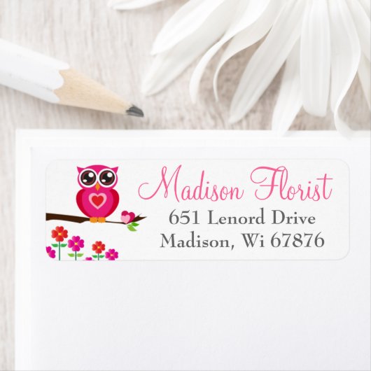 Whimsical Roze Uil & Bloemen Retouradres Labels (Insitu)