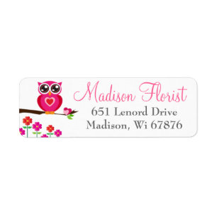 Whimsical Roze Uil & Bloemen Retouradres Labels
