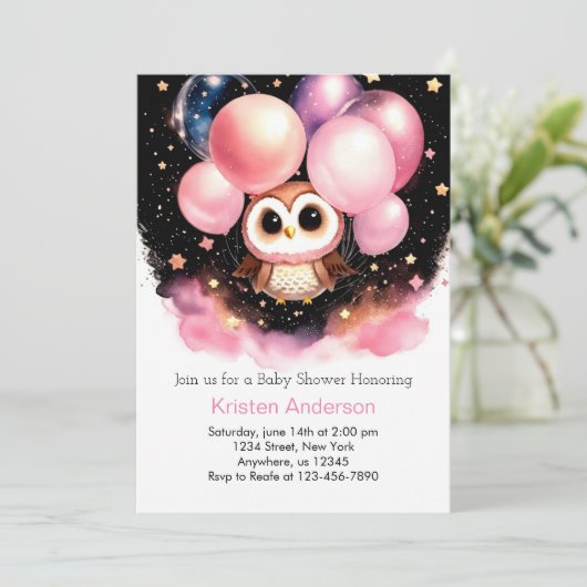 Whimsical Roze Uil Wildflower Meisje Baby shower Kaart (Staand voorkant)