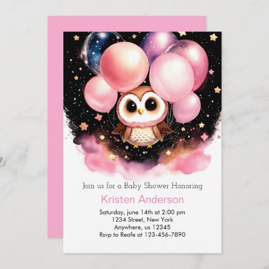 Whimsical Roze Uil Wildflower Meisje Baby shower Kaart (Voorkant / Achterkant)