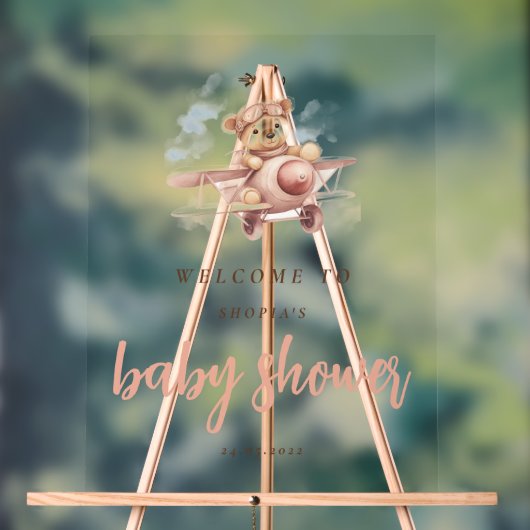 Whimsical Roze Vliegtuig Avontuur Baby shower Acryl Bord (Neutraal)
