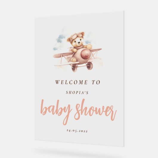 Whimsical Roze Vliegtuig Avontuur Baby shower Acryl Bord (Hoek)