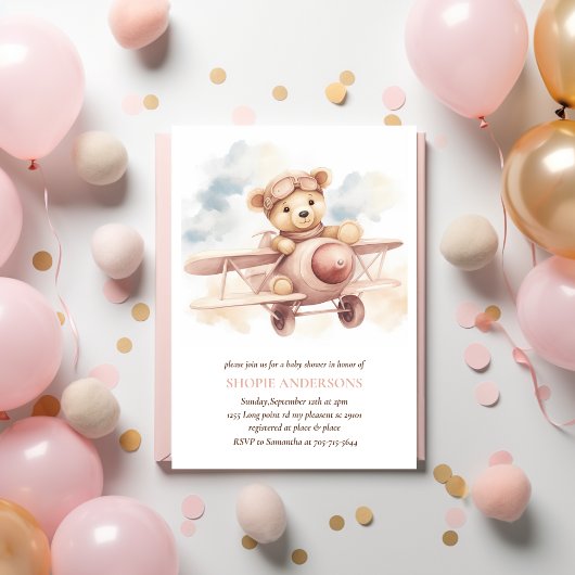 Whimsical Roze Vliegtuig Avontuur Baby shower Kaart