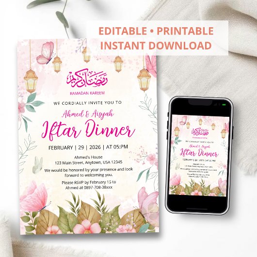 Whimsical Roze Vlinder Bloemrijke Ramadan Iftar Kaart