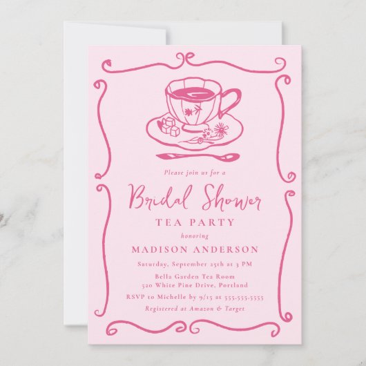 Whimsical  Roze Vrijgezellenfeest Tea Party Kaart (Voorkant)