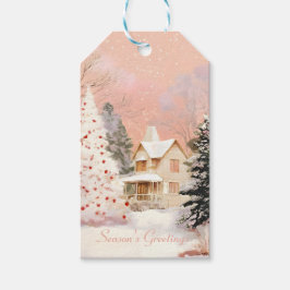 Whimsical Roze Winter Cottage Kerstmis Cadeaulabel