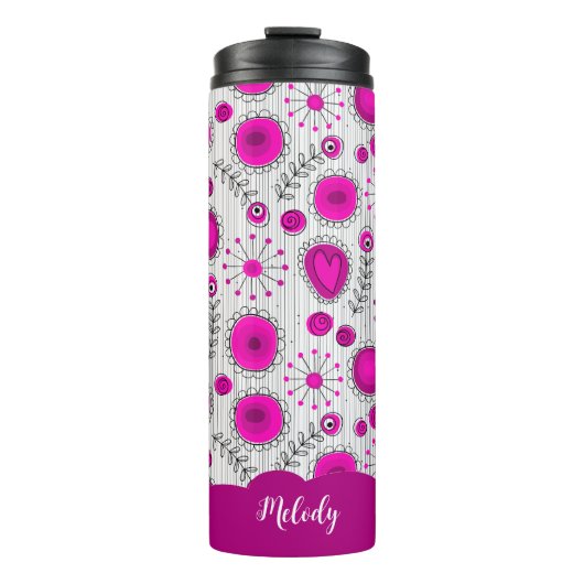 Whimsical roze witte harten bloemen bloemige naam thermosbeker (Voorkant)