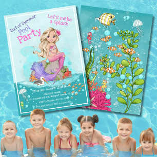 Whimsical Roze Zeemeermin Zomer Pool Party Kaart
