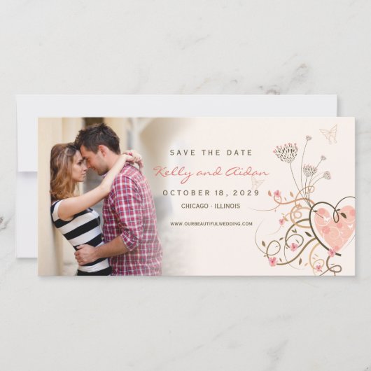Whimsical roze zoete hart vlinder wervelt foto save the date (Voorkant)