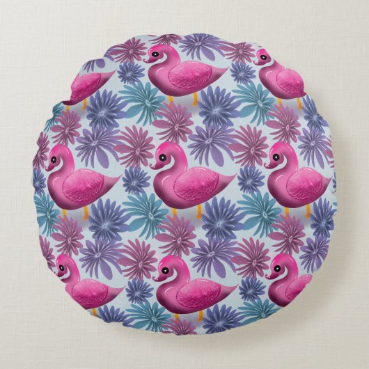 Whimsical Roze Zwaan: Pastel Bloemendroompatroon Rond Kussen (Voorkant)