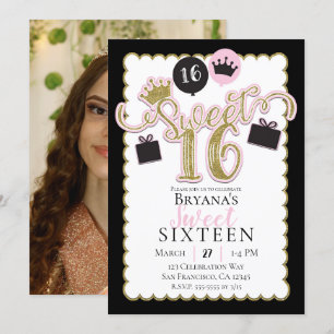 Whimsical Roze Zwarte Sweet 16 Foto Verjaardagsfee Kaart