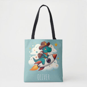 Whimsical Ruimtecowboy Dinosaur Rijdende Raket Tote Bag